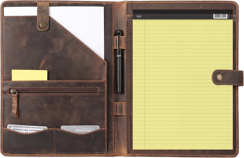 KomalC Leather Portfolio Folder with Luxury Pen and Button Closure | Business Padfolio for Professionals | Vintage Organizer with Legal Pad Holder & Card Slots (Distressed Tan) - Image 1